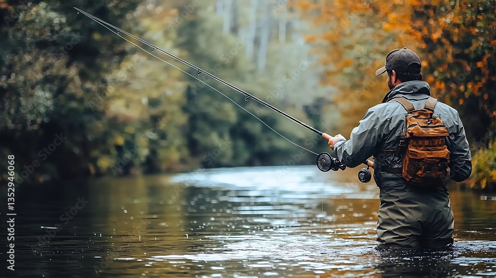 Fly fisherman wading in autumn river.