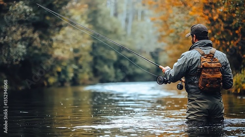 Obraz na płótnie Fly fisherman wading in autumn river. w salonie