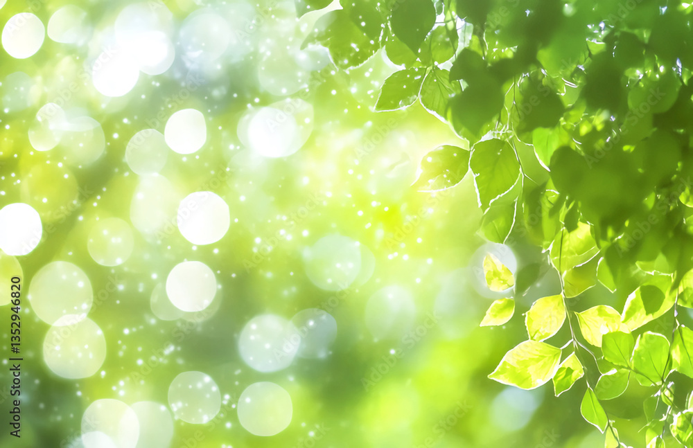 Natural sunlight bokeh effect on green leaves in a fresh springtime forest scenery background Natural sunlight bokeh effect on green leaves in a fresh springtime forest scenery background