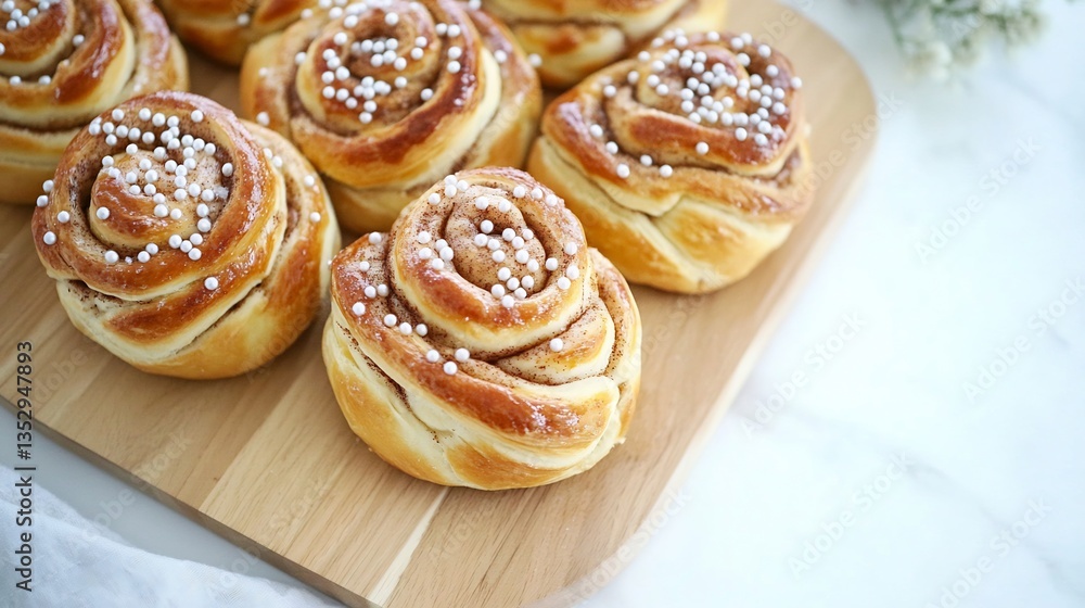 Top down view of Swedish cinnamon buns kanelbullar pearl sugar topping arranged on a wooden board Top down view of Swedish cinnamon buns kanelbullar pearl sugar topping arranged on a wooden board