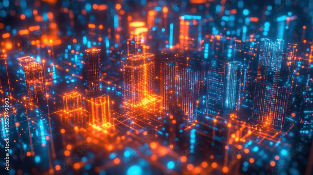 Futuristic city glowing digital network, data flow, circuit background, tech concept