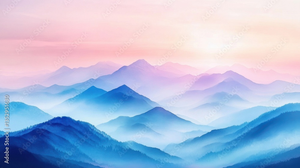 Obraz premium Misty Blue And Pink Mountain Range At Sunrise