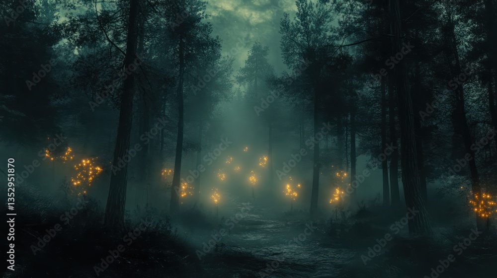 Enigmatic glowing path in dark misty forest; fantasy game background Enigmatic glowing path in dark misty forest; fantasy game background