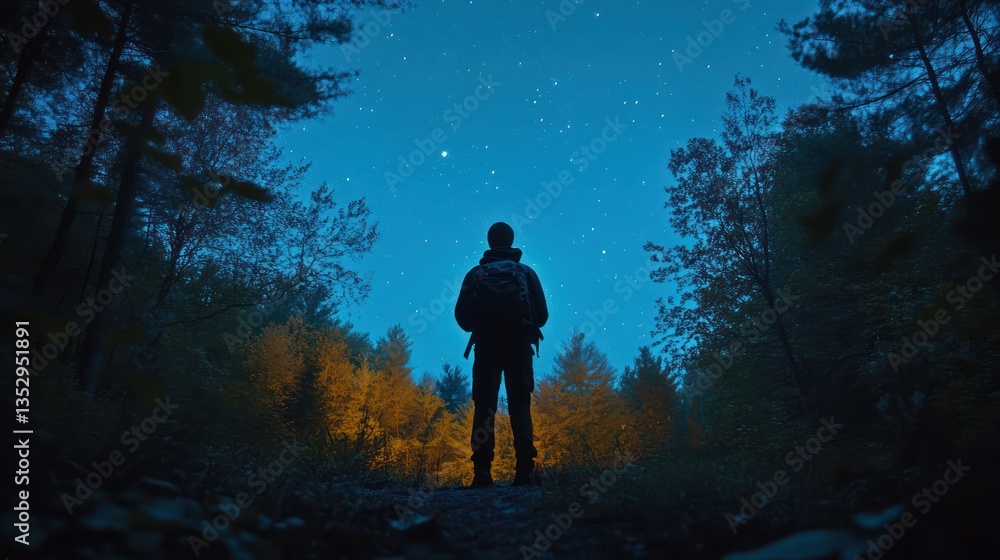 Man stargazing in autumn forest at night, backlit by campfire glow Man stargazing in autumn forest at night, backlit by campfire glow