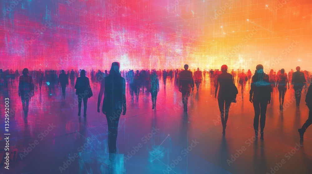 Crowd walking futuristic city, digital network background, data visualization, tech concept Crowd walking futuristic city, digital network background, data visualization, tech concept