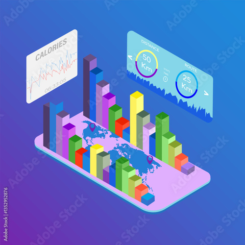 Panel Isométrico de Seguimiento Fitness con Estadísticas y Mapas.
