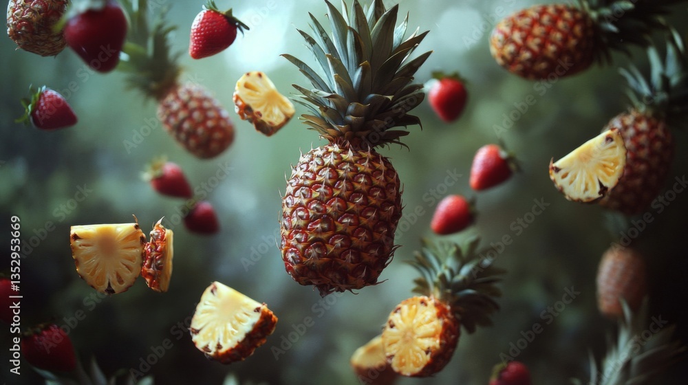 Floating Pineapple and Strawberries Dark Background Floating Pineapple and Strawberries Dark Background