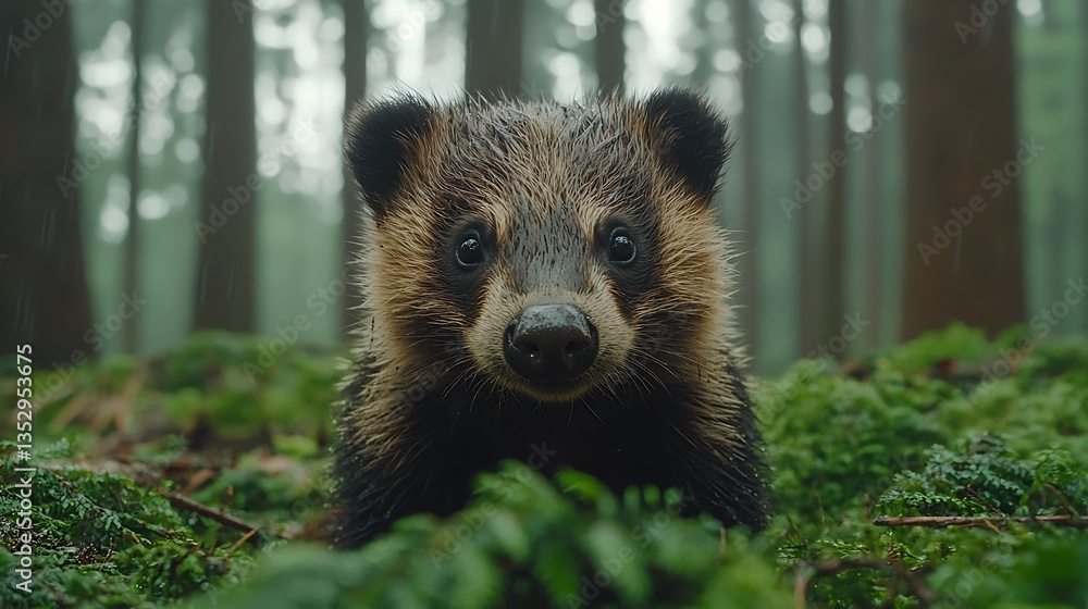 Obraz premium A wet badger cub stares directly at the camera from a mossy forest floor