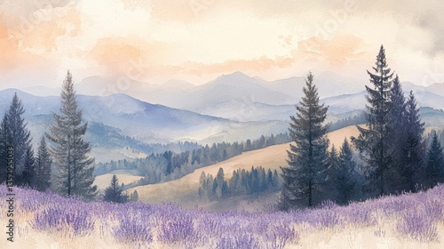 Purple Lavender Field and Mountain Landscape at Sunset