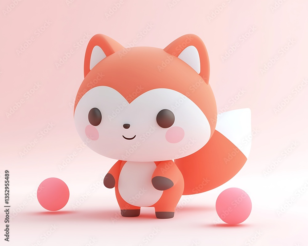 Adorable 3D-rendered fox character, standing on a pink background with two pink spheres Adorable 3D-rendered fox character, standing on a pink background with two pink spheres