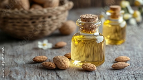 Obraz na płótnie Golden Almond Oil in Glass Bottles on Wooden Table w salonie