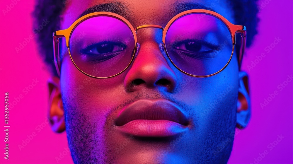 Portrait of person with round glasses in vibrant purple and blue lighting Portrait of person with round glasses in vibrant purple and blue lighting