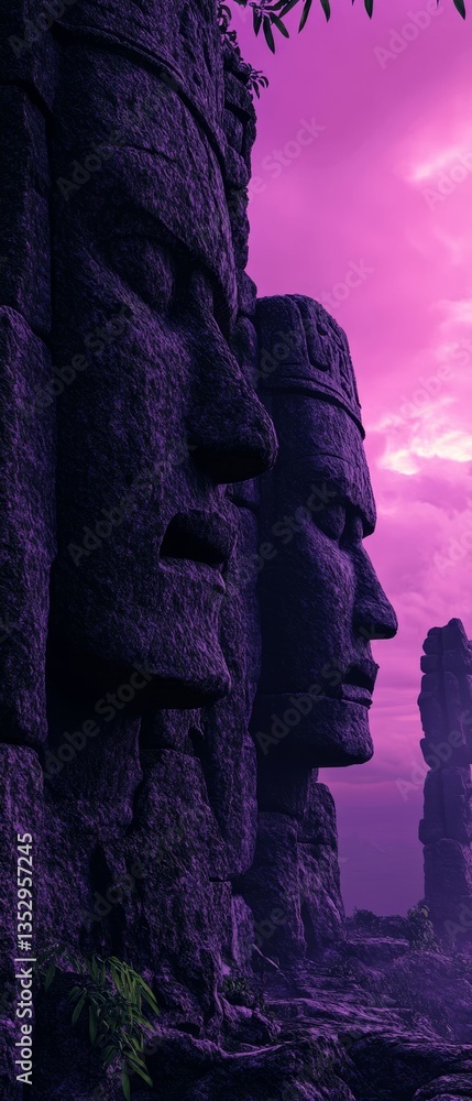 Ancient stone faces against violet skies. Ancient stone faces against violet skies.