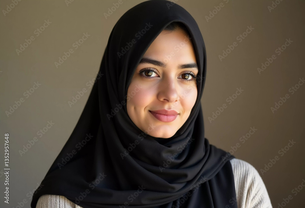 Naklejka premium In a warm and inviting setting, a young Muslim woman from Gaza gazes confidently at the viewer with a subtle smile, embodying beauty and resilience Generative AI