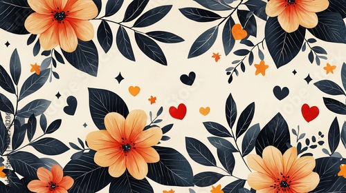 Dark floral pattern with orange flowers, hearts, and stars on beige background.