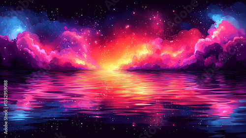 Colorful cosmic sky with clouds reflecting over water surface at sunset