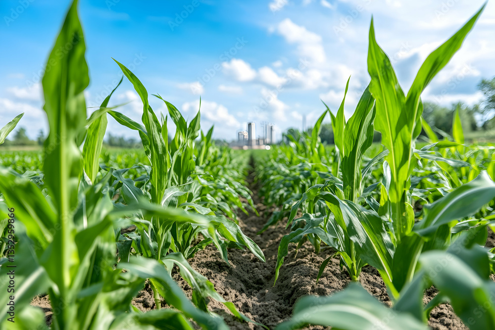 Fototapeta premium Cornfield Row, Sunny Day, Industrial Background