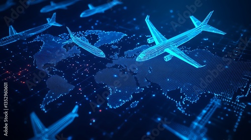 Global flight routes and travel indicators on a digital map image