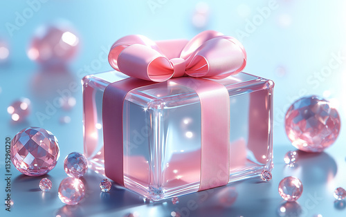 Elegant Crystal Gift Box with Pink Ribbon and Gemstones on Soft Blue Background