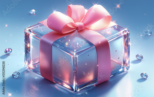 Elegant Crystal Gift Box with Pink Ribbon and Diamond Accents on Blue Background