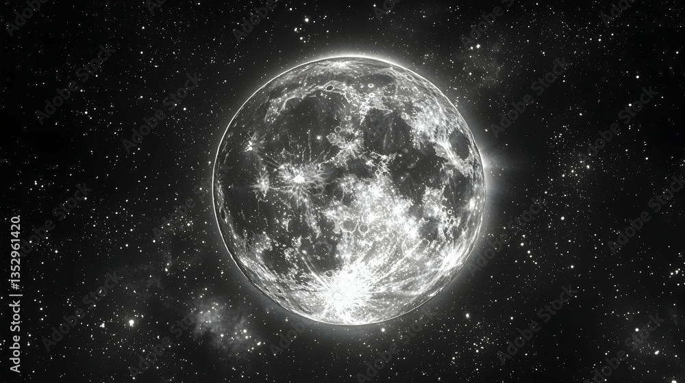 Obraz premium Full moon shining brightly in a dark night sky, stars and nebulae visible in the background. Perfect for astronomy websites or space exploration articles