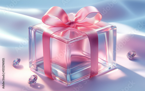 Elegant Glass Gift Box with Pink Ribbon and Diamonds on Soft Fabric Background