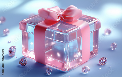 Elegant Glass Gift Box with Pink Ribbon and Diamonds on Light Blue Background
