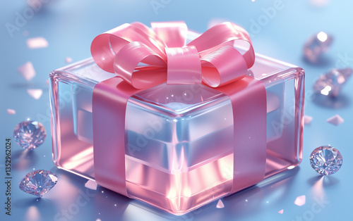 Elegant Glass Gift Box with Pink Ribbon and Diamonds on Light Blue Background