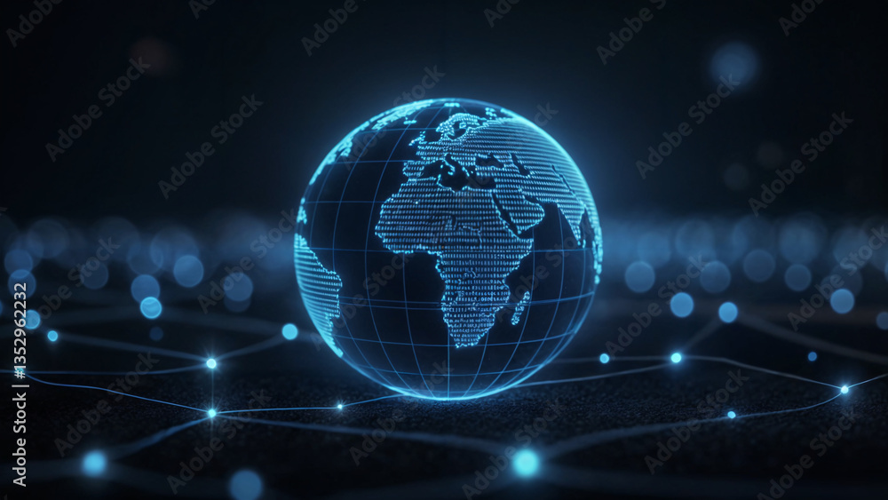 Fototapeta premium Global AI Connectivity And Machine Learning Applications With Holographic Globe And Pulsating Data Nodes