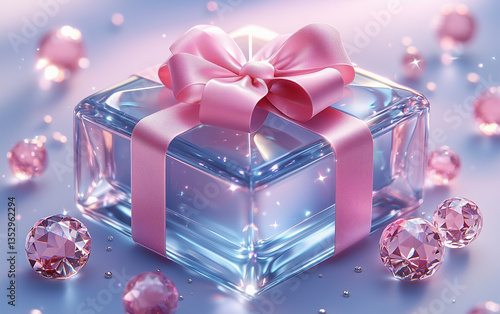 Elegant Glass Gift Box with Pink Ribbon and Sparkling Pink Diamonds on Blue Background
