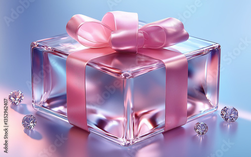 Elegant Glass Gift Box with Pink Ribbon and Diamonds on Soft Blue Background