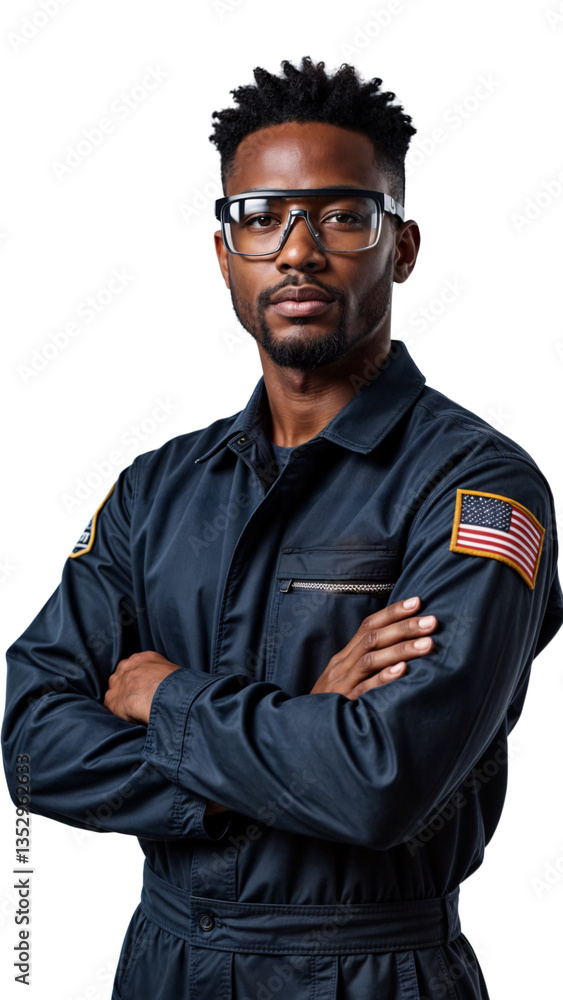 Obraz premium Confident Black Male Aerospace Technician With Arms Crossed Transparent Background