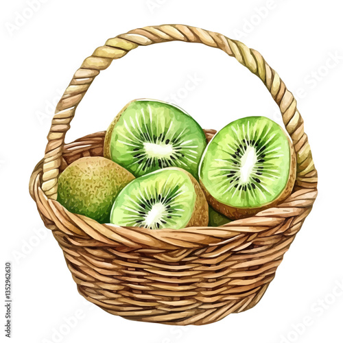 Kiwifruit Basket, watercolor illustration, isolated on a white background.