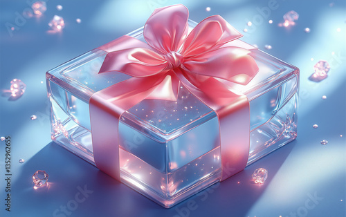 Elegant Glass Gift Box with Pink Ribbon and Diamonds on Blue Background