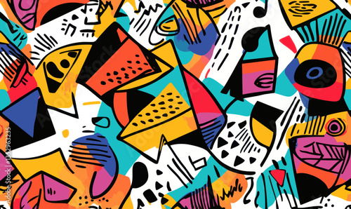 Vibrant Geometric Abstract Doodle Art Seamless Pattern in Minimalist Vector Style
