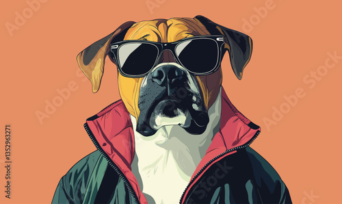 Stylish Boxer Dog in Sunglasses and Jacket Minimalist Vector Art