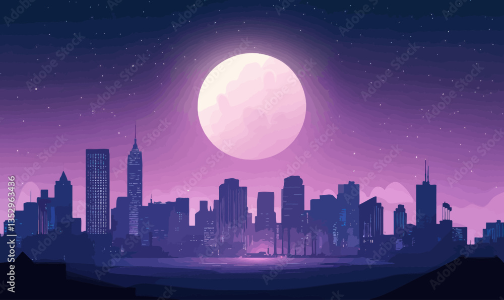 Minimalistic Full Moon over City Skyline Vector Illustration Minimalistic Full Moon over City Skyline Vector Illustration