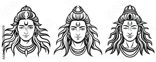 Black silhouette hindu god lord shiva head vactor set