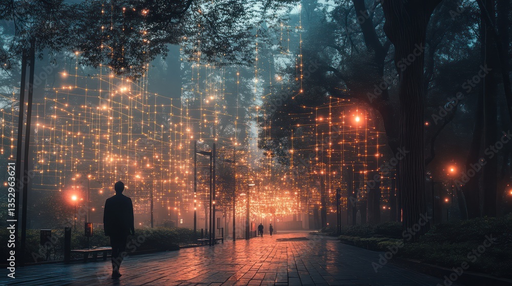 Man walks misty park path, glowing lights, night festival Man walks misty park path, glowing lights, night festival