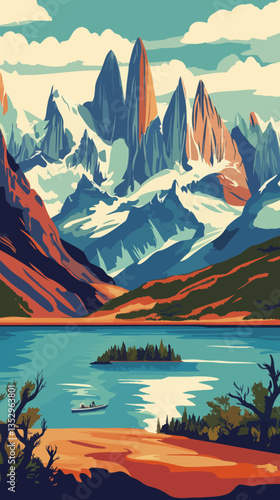 Vintage Patagonia Travel Poster with Mountains and Lake in Retro Style