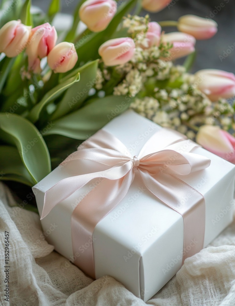 Gift box with ribbon, tulips, and flowers on linen Gift box with ribbon, tulips, and flowers on linen