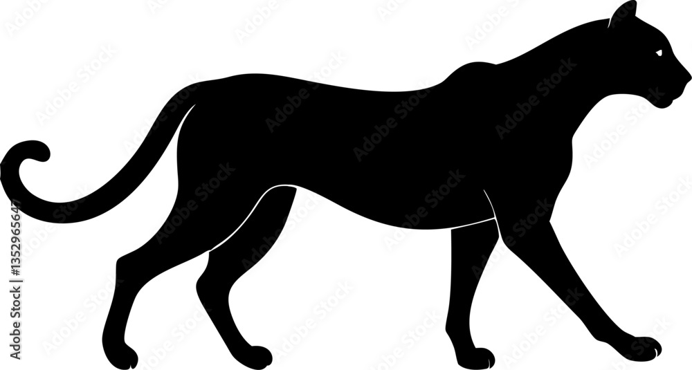 Shadow of the Panther: A striking, simplified silhouette of a panther strides confidently against a stark backdrop, its powerful form hinting at stealth and grace. Shadow of the Panther: A striking, simplified silhouette of a panther strides confidently against a stark backdrop, its powerful form hinting at stealth and grace.