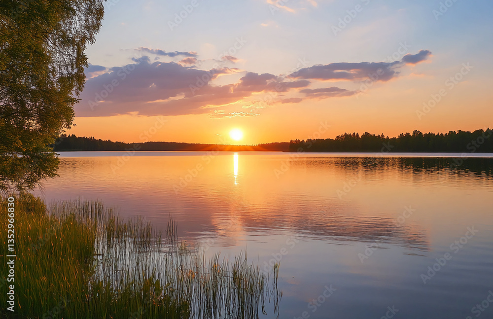 Golden sunset over tranquil lake with reflections of vibrant sky and serene natural landscape scenery Golden sunset over tranquil lake with reflections of vibrant sky and serene natural landscape scenery