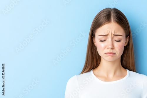 Young woman with closed eyes appears sad and disappointed