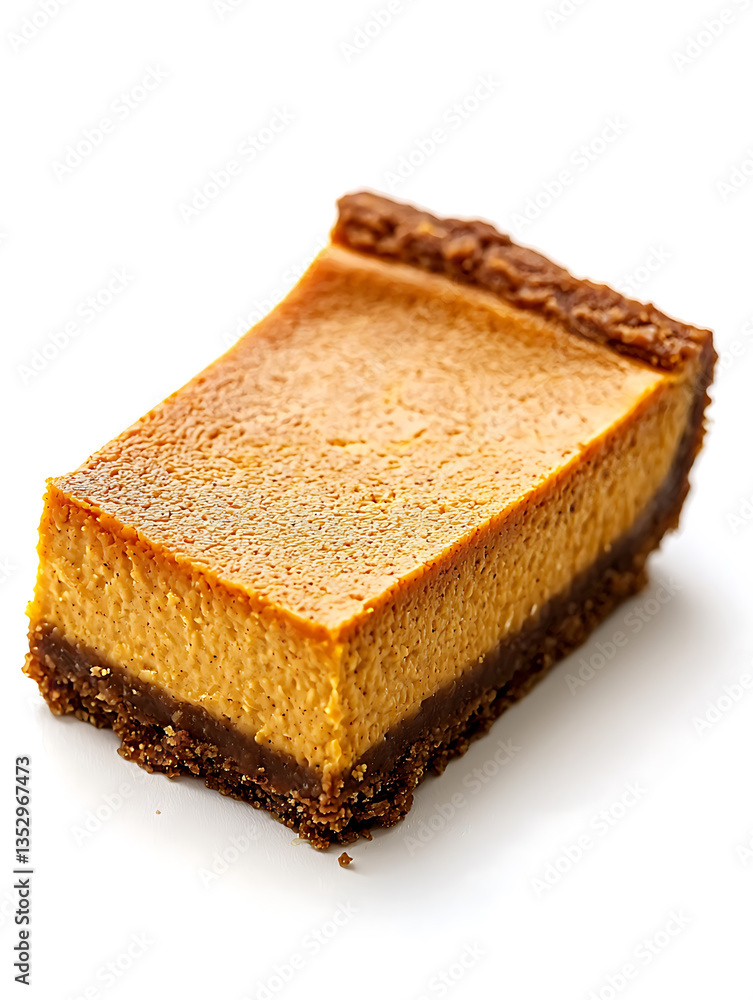Rectangular slice of pumpkin pie with a dark crust showing a smooth gradient orange filling on a white background. Rectangular slice of pumpkin pie with a dark crust showing a smooth gradient orange filling on a white background.