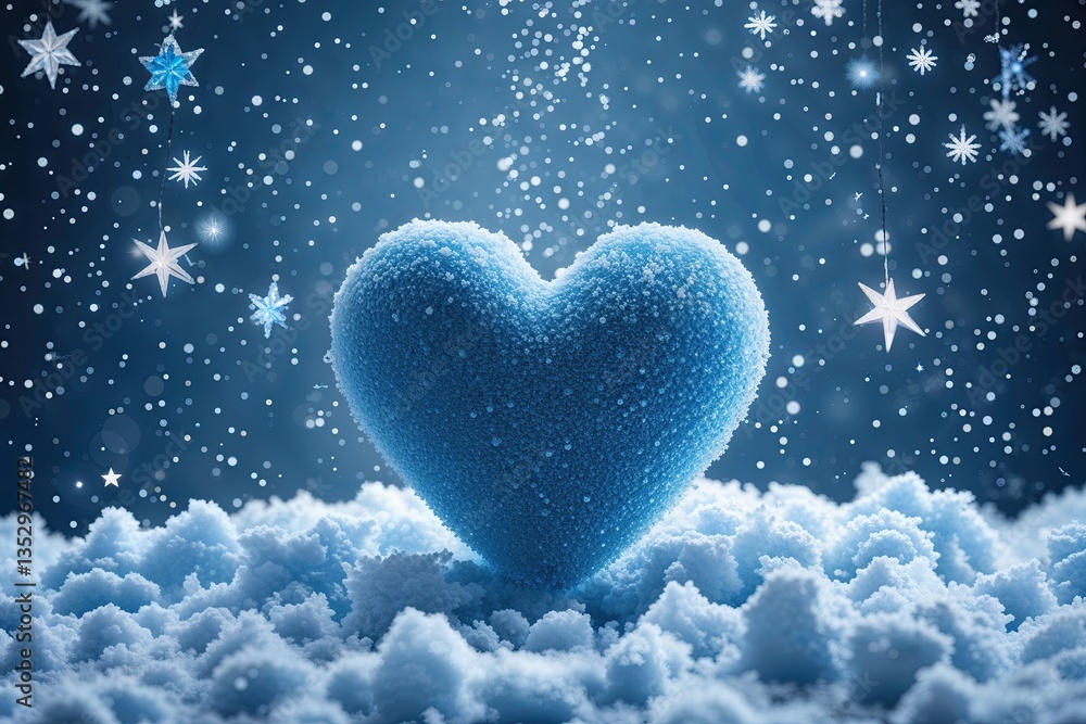 Fototapeta premium Light Blue Snowfall with Love Heart and Star Background for Winter Celebrations
