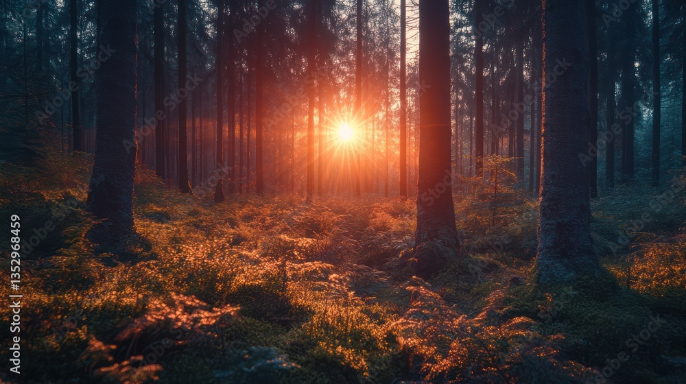 Obraz premium Sunset forest path, misty morning, nature scene, tranquil background, postcard