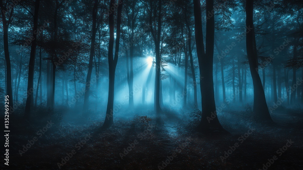 Fototapeta premium Moonlit foggy forest path, mystical ambiance, nature scene, fantasy backdrop