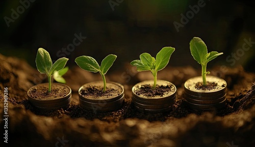 Sprouting growth from investment.  Young plants emerge from coins in soil