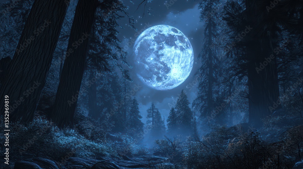 Naklejka premium Moonlit winter forest path, snowfall, mystical atmosphere, game background
